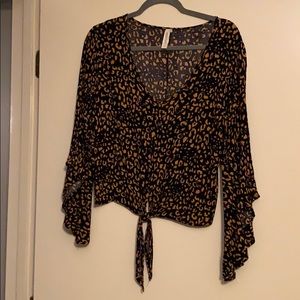 Bell Sleeves navy and yellow leopard print top